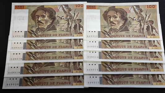 Lot de 10 billets de 100 Delacroix avec numeros consécutifs. Etats SPL/Neuf